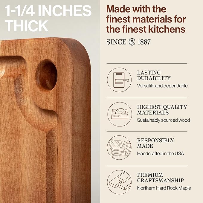 John Boos Prestige Series Rectangular Wooden Maple Cutting Board 20”x15” – 1.25” Thick, 10-lb Reversible Butcher Block with Juice Groove, Edge-Grain & Finger Grip Hole – Made in the USA