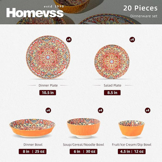Homevss Boho 20 Pieces Dinnerware Sets, Plates and Bowls Set, Porcelain Dishes Set for 4, Microwave and Dishwasher Safe, Scratch Resistant, Bohemian Style Dining Ware, Orange