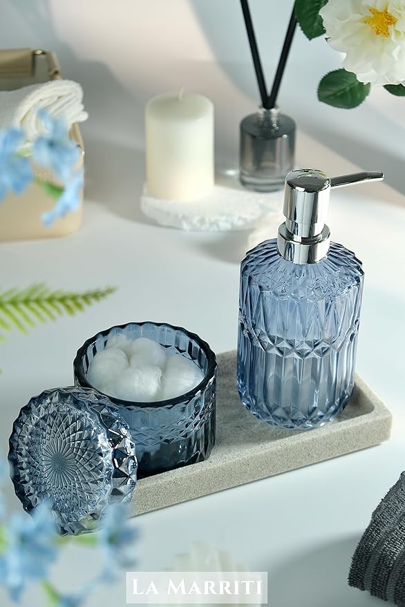 Blue Bathroom Accessories Set, 4Pcs Clear Glass Bathroom Accessories, Lotion Soap Dispenser Set, Toothbrush Holder, Qtips Holder, Soap Dish for Crystal Modern Bath Decor, Set