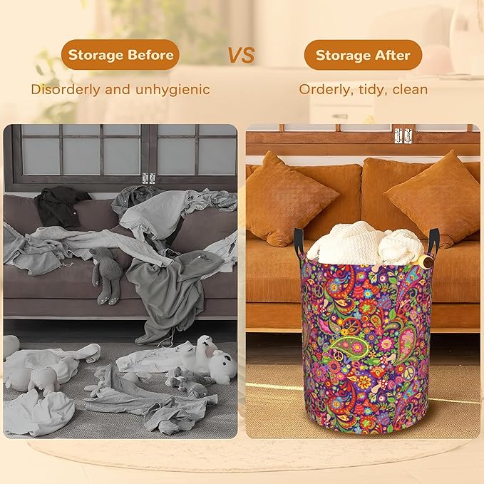 Boho Hippie Flowers Laundry Basket,Vivid Peace Foldable Laundry Hamper Waterproof Oxford Cloth Tote Bag,Clothes Storage Bucket Decorative Toy Organizer For Bathroom Bedroom 16" x 20"