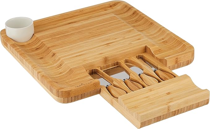 NutriChef Bamboo Natural Cheese Board Set with Bonus Condiment Cup-Extra Large Size 100% Home Organic Wooden Plate and Charcuterie Tray with 4 pcs Cutting Knife Slicer, 13" Square