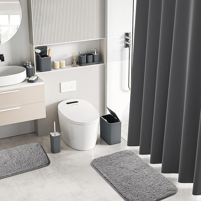 Bathroom Accessory Set - Bathroom Set, 27PC Bathroom Accessories Set, Grey Bathroom Sets with Shower Curtain and Rugs, Mini Trash Can, Toilet Brush, Trash Can & Soap Dispenser
