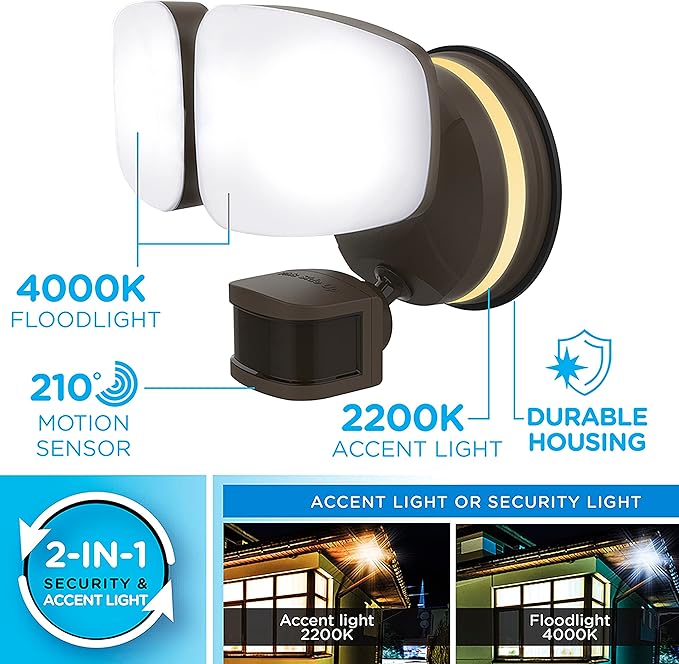 Enbrighten 58243-S1 Outdoor 2-Head Motion-Sensing Back Lit Wi-Fi LED Security Light, Bronze