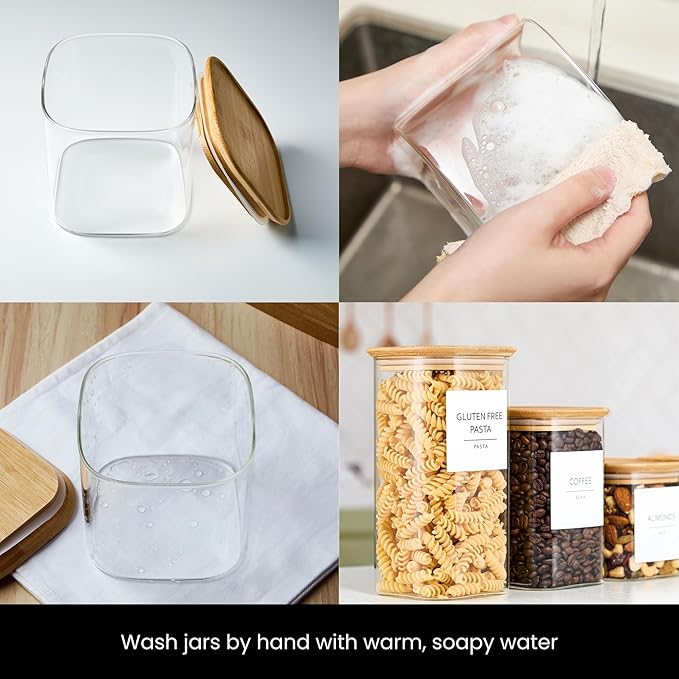 Talented Kitchen Square Glass Food Storage Containers - Airtight & Labeled Glass Kitchen Storage Containers - Space-Saving Stackable Square Pantry Jars - Pack of 6, 24/37/51 fl oz