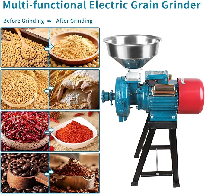 Snowtaros Electric Grain Mill Grinder 3000W 110V, Commercial Corn Grinder with Funnel, Dry Feed Grain Mill Machine, Thickness Adjustable, Powder Grinder for Grain Corn Rice Herbs Pepper (Dry Use)