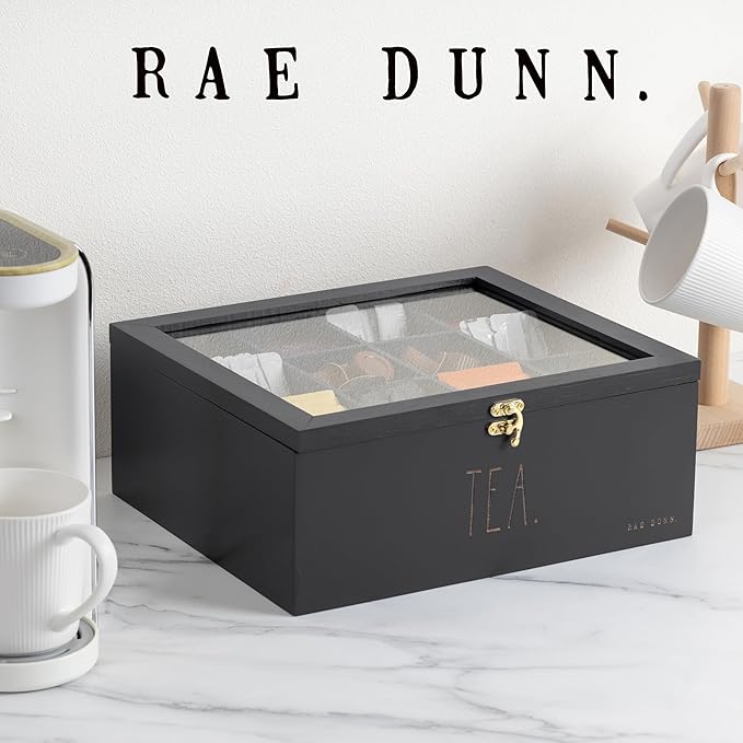 Rae Dunn Tea Bag Organizer - Tea Box Divided Storage Container Box with Hinge Lid for Kitchen Cabinet, Countertop, Pantry, Hold Coffee Pods, Seasoning Packets, Condiments, Black