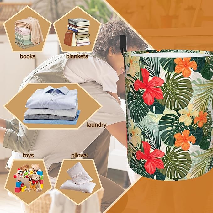 Tropical Palm Leaves Large Storage Basket,Hibiscus Flowers Laundry Hamper/Bathroom/Home Decor/Collapsible Round Storage Bin,Boys Girls Dirty Clothes Hamper/Boxes/Toys Storage 16x20 Inch