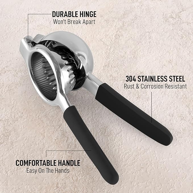 Zulay Lemon Squeezer Stainless Steel with Premium Heavy Duty Solid Metal Squeezer Bowl (Black Grip, Large)