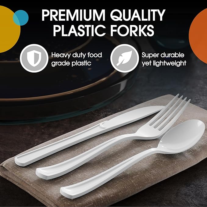 Party Solids White Plastic Silverware Heavy Duty 150 Pieces White Disposable Silverware Heavy Duty, Utensil Sets, 50 Of Each Forks, Knives & Spoons Disposable Cutlery Set For Party Supplies