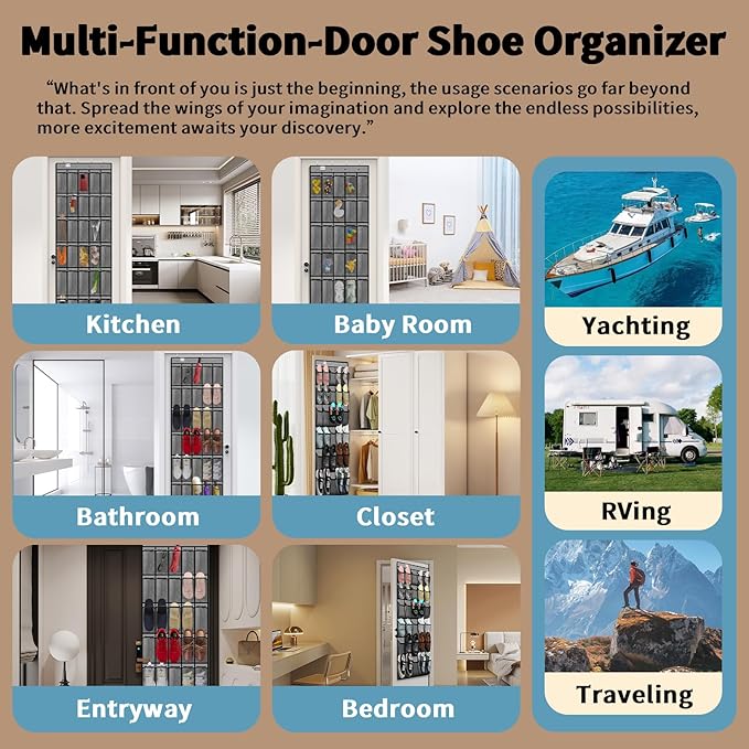 PAULONE Over the Door Shoe Organizer, 30 Multi-Size Large Breathable Mesh Pockets, Reusable Breathable Large Mesh Pockets, Boys' and Girls' Shoe Organizer, Space Saving Hanging Organizer (Gray)
