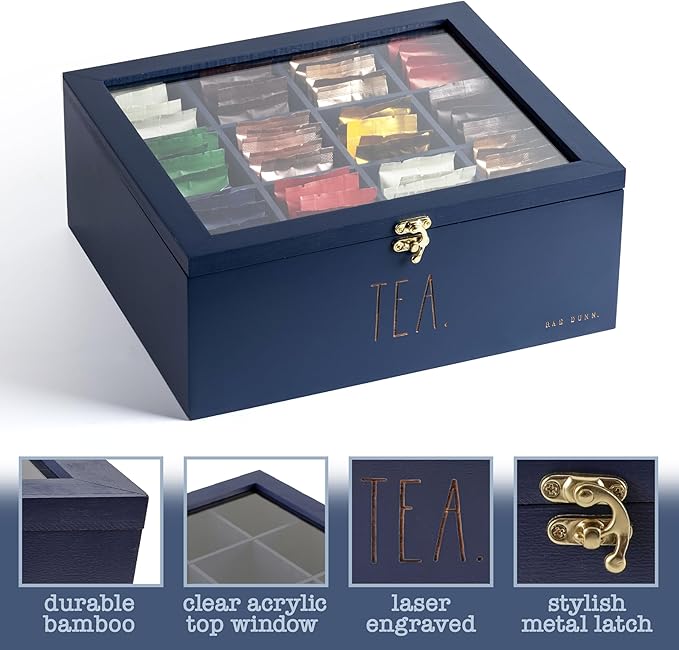 Rae Dunn Tea Bag Organizer - Tea Box Divided Storage Container Box with Hinge Lid for Kitchen Cabinet, Countertop, Pantry, Hold Coffee Pods, Seasoning Packets, Condiments, Blue