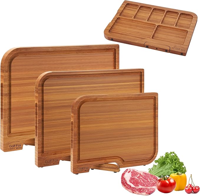 3-PCS Bamboo Cutting Board Set, Wood Cutting Board for Kitchen with Innovative Stand, Juice Groove & Handle, Double Sided for Chopping & Charcuterie Board, Kitchen Gift for Home Cooks, For Meat &Fruit