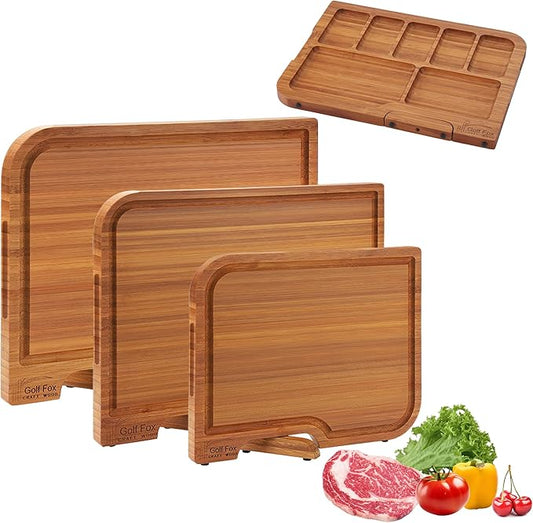 3-PCS Bamboo Cutting Board Set, Wood Cutting Board for Kitchen with Innovative Stand, Juice Groove & Handle, Double Sided for Chopping & Charcuterie Board, Kitchen Gift for Home Cooks, For Meat &Fruit