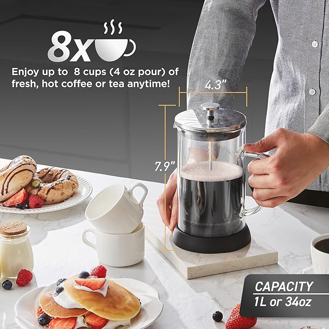 Elite Gourmet FP1223 1 Liter French Press Coffee Maker, Double Wall Insulated Borosilicate Glass Carafe, Dishwasher Safe Stainless Steel Filter/Plunger Assembly, Removable Silicone Base, Easy to Clean