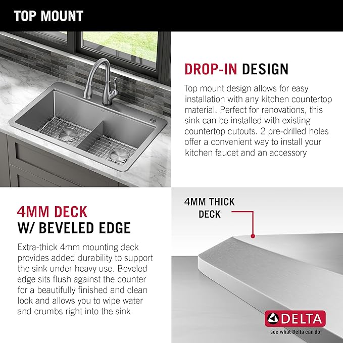 DELTA FAUCET 95A9032-T33D-SS Lorelai Workstation Kitchen Sink Drop-In Top Mount 16 Gauge Stainless Steel Double Bowl with WorkFlow Ledge and Chef’s Kit of 8 Accessories, 33 Inch