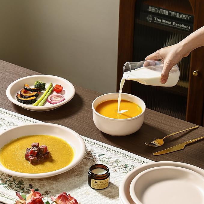 GZG Vintage Series - Ceramic Dinnerware Set for 4, 12 Pieces Stoneware Plates and Bowls Set, Lead-Free, Handcrafted Dishes Set, Microwave & Dishwasher Safe - Cream White