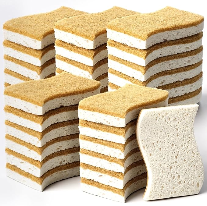 36PCS Natural Kitchen Sponges, Compostable Cellulose Scrubber Sponge, Eco Friendly Coconut Scrubber Dish Sponges for Pots Pans Cleaning, Household Cleaning Sponge for Dishes