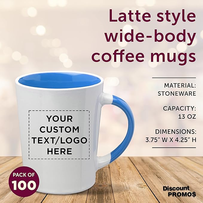 Custom Ceramic Latte Coffee Mugs by Albany 13 oz. Set of 100, Personalized Bulk Pack - Perfect for Coffee, Tea, Espresso, Hot Cocoa, Other Beverages - Process Blue