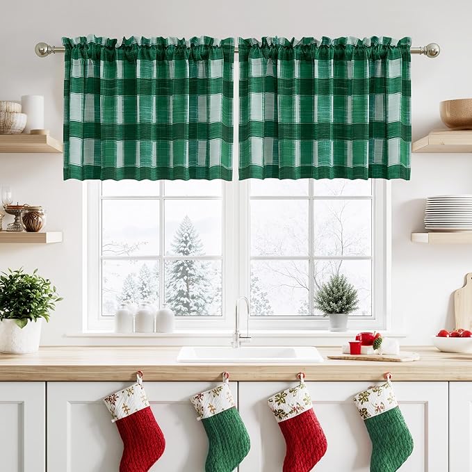 NICETOWN Christmas Kitchen Plaid Curtains Valances for Window, 18 Inch Cafe Curtains Farmhouse Small Window Valances for Home Decor, Rod Pocket, 2 Panels, Green & White, 52" W x 18" L