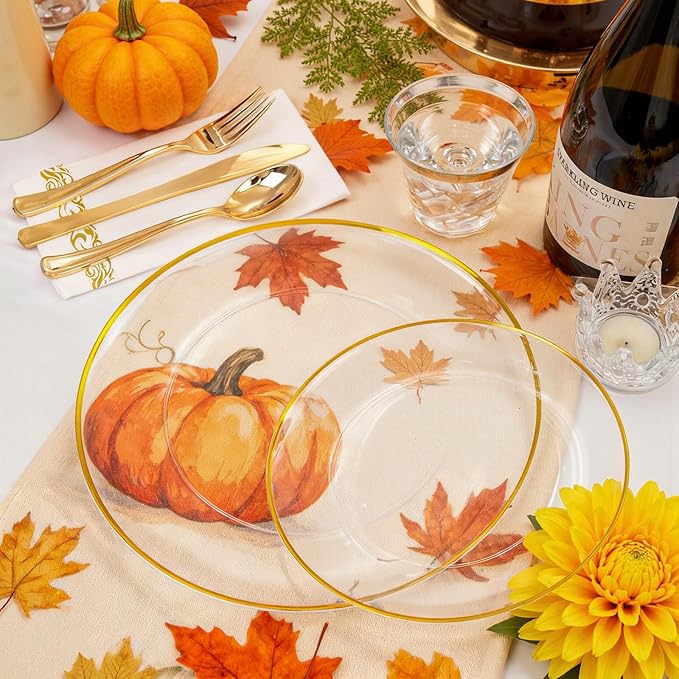 NOCCUR 350PCS Clear and Gold Plastic Plates - Gold Disposable Plastic Dinnerware Set for 50 Guests Include 100 Plastic Plates, 150 Gold Cutlery, 50 Cups&50 Napkins Idea for Party/Christmas