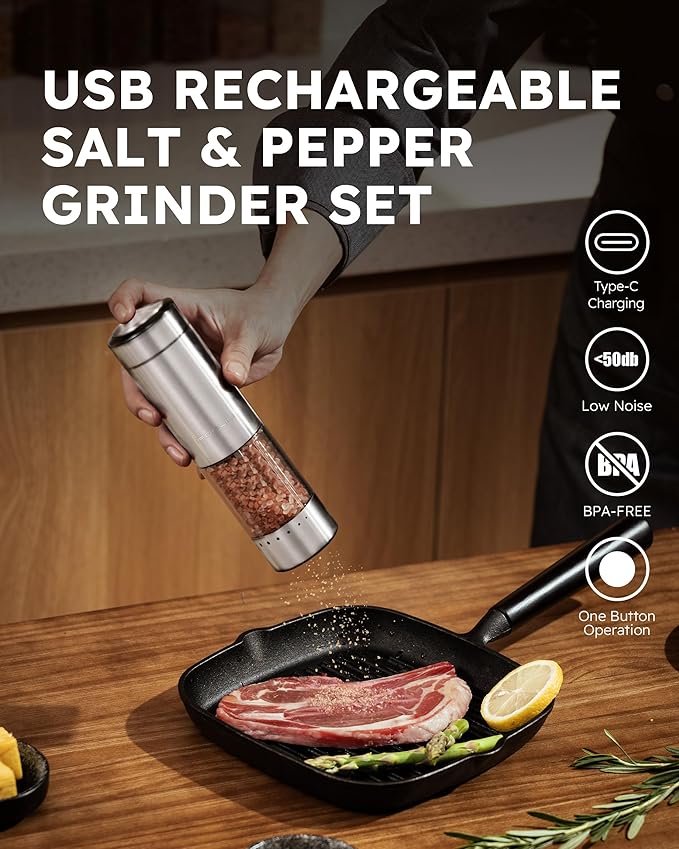 FORLIM Electric Salt and Pepper Grinder Set Rechargeable, Upgraded Washable, Automatic One-Handed Operation with LED, Adjustable Coarseness Pepper and Salt Grinder Refillable, Stainless Steel(Silver）