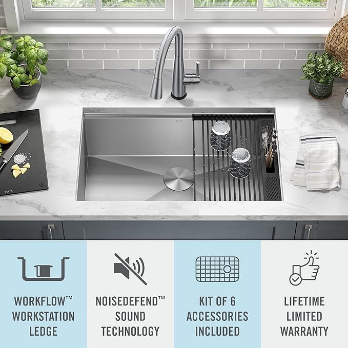DELTA FAUCET Rivet 30-Inch Workstation Kitchen Sink Undermount 16 Gauge Stainless Steel Single Bowl with WorkFlow Ledge and Chef’s Kit of 6 Accessories, 95B931-30S-SS