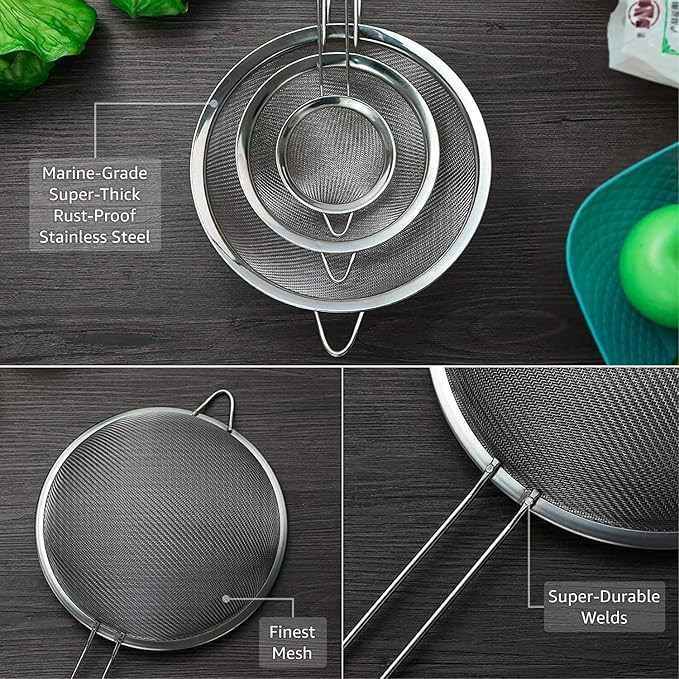 ELEEN Premium Stainless Steel Fine Mesh Strainers for Kitchen 3-Piece Set with Non-Slip Handle, Small, Medium & Large Sieves, Colanders and Sifter for Sifting, Straining, Pastas Tea, Rice Vegetables