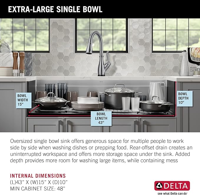 DELTA FAUCET Lorelai 45-inch Workstation Kitchen Sink Undermount 16 Gauge Stainless Steel Single Bowl with 2-Tier WorkFlow Ledge and Chef’s Kit of 11 Accessories, 95BA132-45S-SS