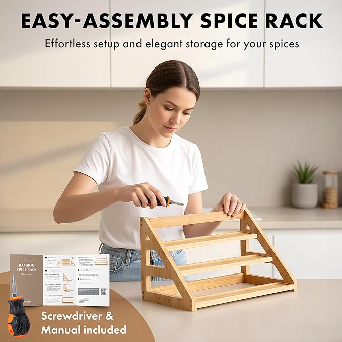 3 Tier Bamboo Spice Rack Organizer for Cabinet – Fits 24 Spice Jars, 17.5” Wide Countertop & Cabinet Organizer for Kitchen Organization, Seasoning Organizer Shelf (Jars Not Included)