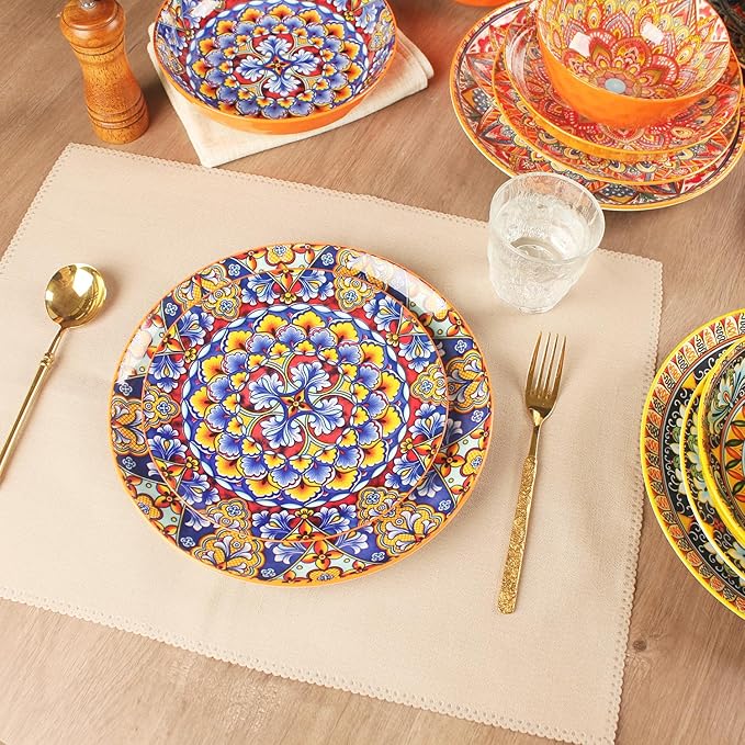 Mandala Dinnerware Sets (16 PCS) Serves for 4, Porcelain Dishes Set, Microwave and Dishwasher Safe, Scratch Resistant, Bohemian Style Dining Ware Service for 4, Colorful No.2