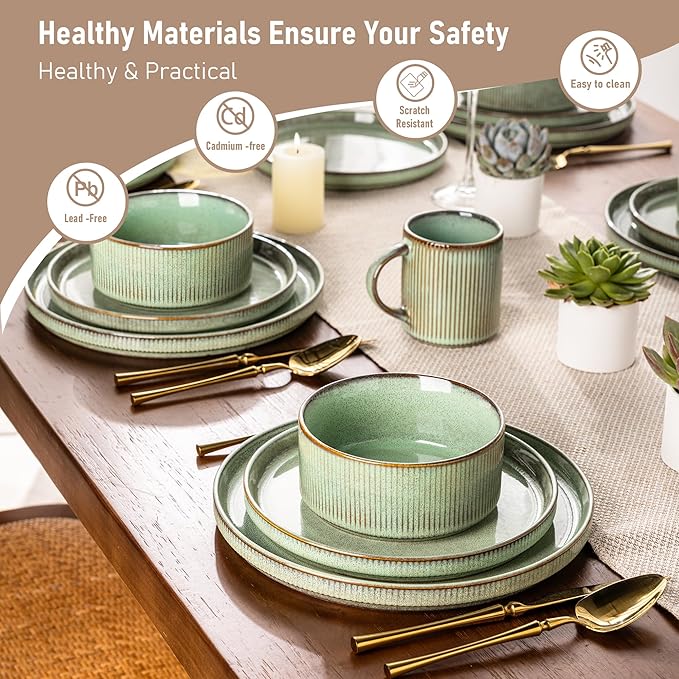 GBHOME Stoneware Dinnerware Sets for 4,Round Reactive Glaze Ceramic Plates and Bowls Set,Highly Scratch Resistant | Dishwasher & Microwave Safe Dishes Set,Service for 4(12Pcs),Pastel Green
