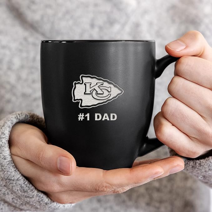 Rico Industries NFL Football #1 Dad 15oz Laser Engraved Matte Black Ceramic Bistro Mug - for Hot or Cold Drinks