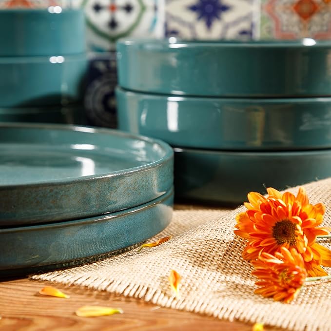 Bloomhouse - Two Time Oprah's Favorite Things Winner - Santorini Mist Double Bowl Terracotta Reactive Glaze Plates and Bowls Dinnerware Set - Jade Blue Green, Service for Four (16pcs)
