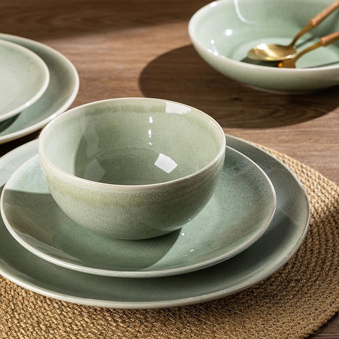 AmorArc Ceramic Dinnerware Sets for 4, 12 Pieces Handpainted Plates and Bowls Set, Scratch Resistant Stoneware Dishes Set, Dishwasher & Microwave Safe, Olive Green