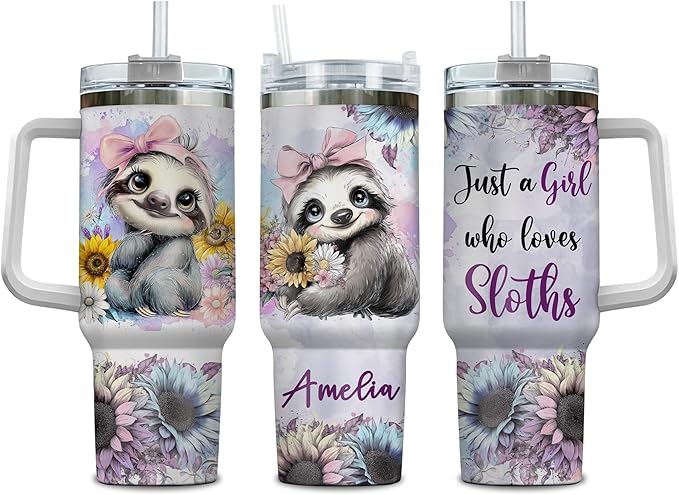 Personalized Sloth 40oz Tumbler with Handle and Straw Gifts for Sloth Lover, Cute Animal Gifts for Women on Birthday Christmas, Animal Lover Cup Gift, Custom Name Stainless Steel Travel Cup