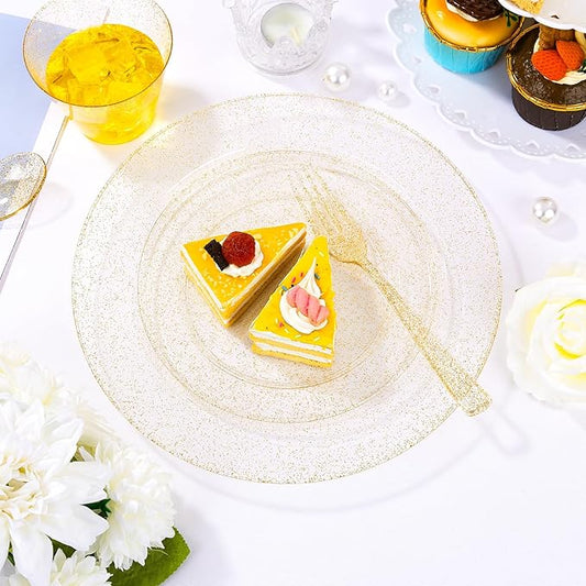 I00000 350 Pcs Gold Glitter Plastic Dinnerware Set for 50 Guests, Plastic Disposable Plates for Party, Include: 50 Dinner Plates,50 Dessert Plates,50 Paper Napkins, 50 Cups, 50 Silverware Set