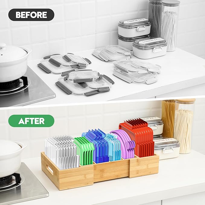 2 Pack Expandable Food Container Lid Organizers, Gift for Christmas Bamboo Lids Organizer Inside Cabinet with 3 Adjustable Dividers Groove Design, Food Storage Box Lid Holder for Kitchen Organization