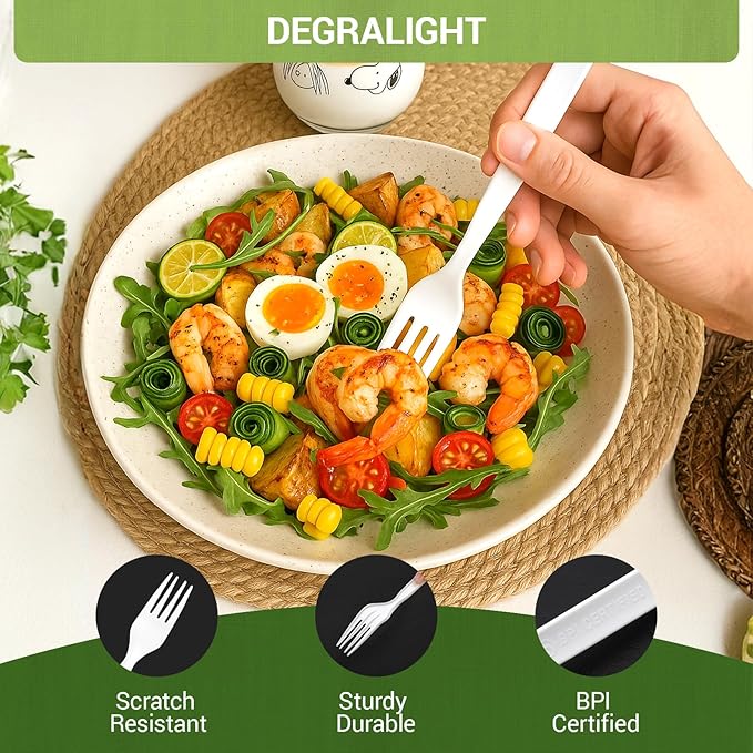 100% Compostable Froks [200Pcs] Heavy Duty Biodegradable Forks Disposable Utensils, BPA-Free, Heat Resistant, BPI Certified Disposable Forks, Eco Friendly Cutlery for Party, Office & Picnic