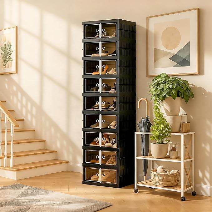 Foldable Shoe Organizer Storage Box, Portable Extra Large Folding Shoe Rack for Closet, Shoe Storage Box with Magnetic Transparent Door and Wheels, 9 Layers 18 Grids