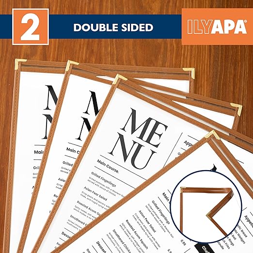 Ilyapa Saddle Brown 30 Pack of Menu Covers 8.5 x 11 Inch - Single Page, 2 View Restaurant Menu Covers, Double Stitched Sleeves, Vegan Faux Leather