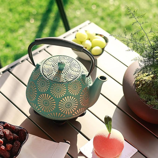 Cast Iron Teapot, 40oz Tea Kettle with Infuser for Stove Top, Sakura Design Japanese Tea Pot for Loose Leaf Coated with Enameled Interior, Silicone Handle 1200ml Green
