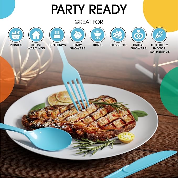 Party Solids Light Blue Plastic Silverware Heavy Duty 150 Pieces Light Blue Disposable Silverware Heavy Duty, Utensil Sets, 50 Of Each Forks, Knives & Spoons Disposable Cutlery Set For Party Supplies