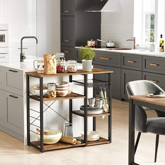 VASAGLE Baker's Rack, Coffee Bar Stand with Charging Station, 33 Inches Tall, Storage Shelves, Pull-Out Wire Basket, Table for Microwave, Kitchen, Rustic Brown and Ink Black UKKS90X