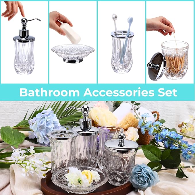 Bathroom Accessories Set,5 Pcs Clear Glass Bathroom Accessory Set,Complete Lotion Soap Dispenser,Toothbrush Holder,Soap Dish,Tumbler & Jar,Modern Bathroom Decor Sets,Gift for Home Apartment,Round