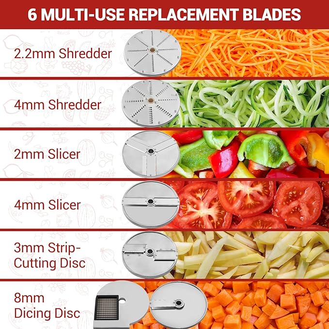 Commercial Food Processor 550W with 2 Feeding Holes, Stainless Steel Electric Vegetable Processor Detachable 6 Blades 2.2mm/4mm Shred, 2mm/4mm Slice, 3mm Strip Disc and 8mm Dicing Disc