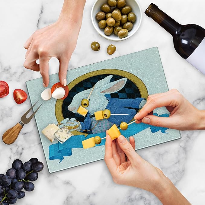 Ambesonne Alice in Wonderland Cutting Board, Rabbit Animal Bunny Character Alice Fantasy World Concept, Decorative Tempered Glass Cutting and Serving Board, Small Size, Earth Yellow White Blue
