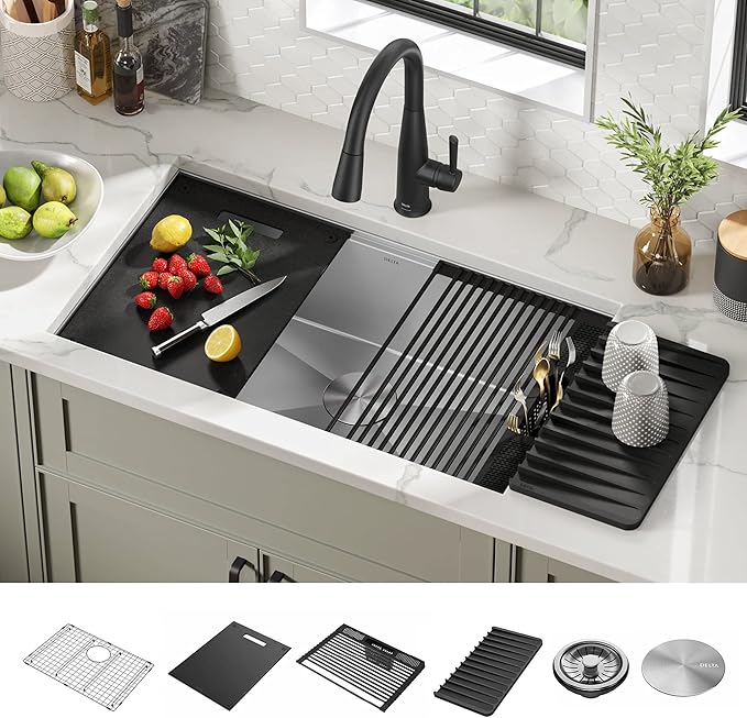 DELTA FAUCET DELTA Rivet 32-Inch Workstation Kitchen Sink Undermount 16 Gauge Stainless Steel Single Bowl with WorkFlow Ledge and Chef’s Kit of 6 Accessories, 95B931-32S-SS