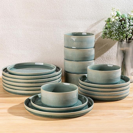 GBHOME Stoneware Dinnerware Sets for 4,Round Reactive Glaze Ceramic Plates and Bowls Set,Highly Scratch Resistant | Dishwasher & Microwave Safe Dishes Set,Service for 4(12Pcs),Malachite Green