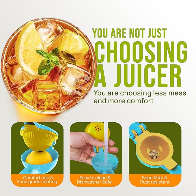 Zulay Metal 2-In-1 Lemon Squeezer Manual - Sturdy, Max Extraction Hand Juicer Lemon Squeezer Gets Every Last Drop - Easy to Clean Manual Citrus Juicer - Easy-to-Use Lemon Juicer Squeezer - Blue/Yellow