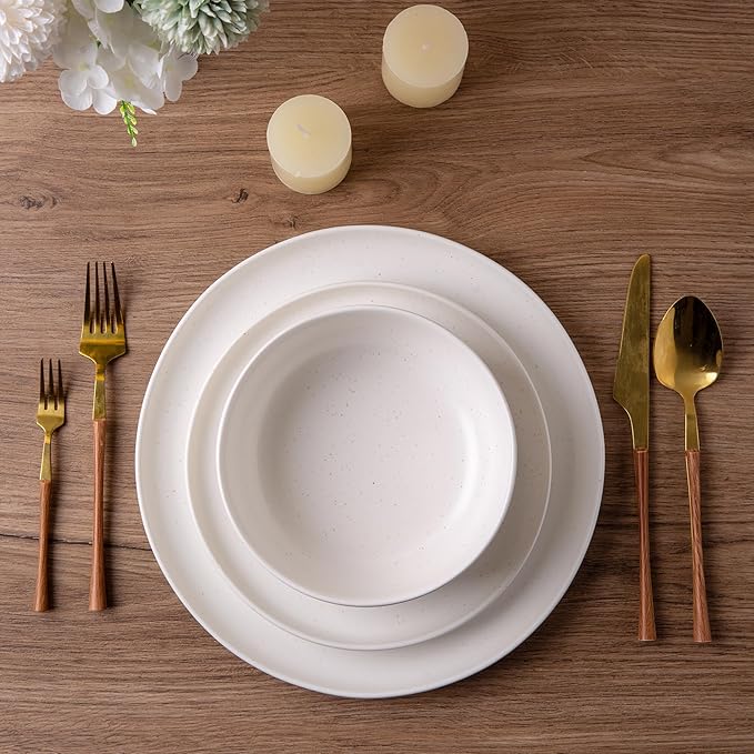 AmorArc Ceramic Dinnerware Sets, Wavy Rim Stoneware Plates and Bowls Sets, Highly Chip and Crack Resistant | Dishwasher & Microwave & Oven Safe Dishes set, Service for 4 (12pc)-Matte Speckled White